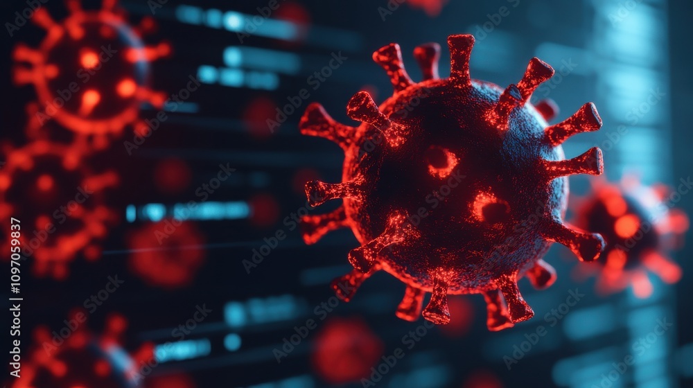 Poster cybersecurity mitigates risks and secures data. close-up visualization of a virus with red spikes ag