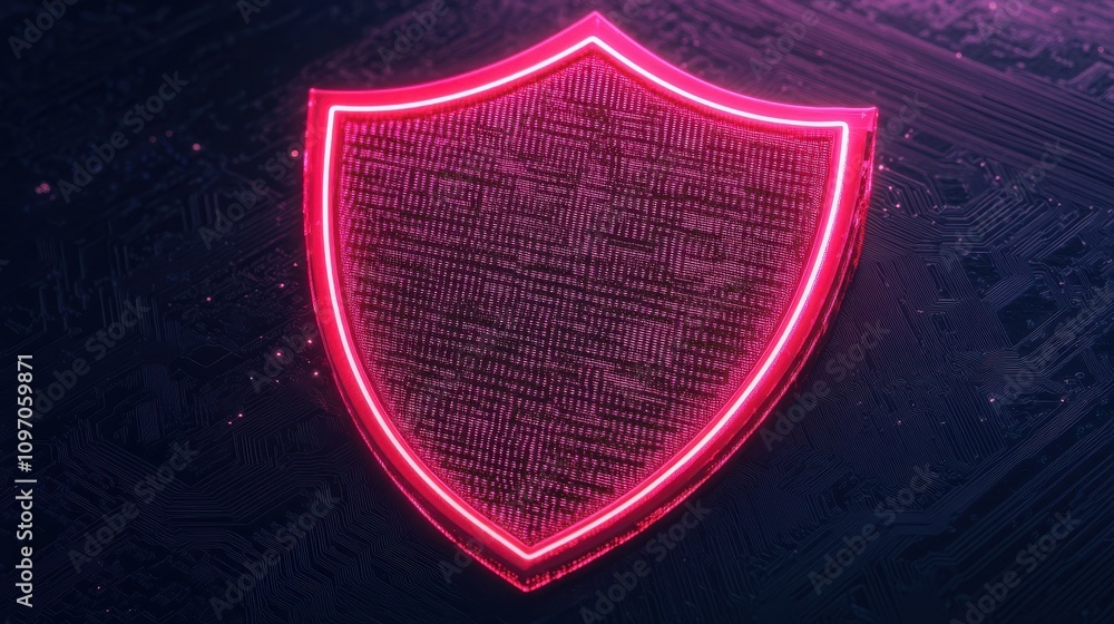 Poster cybersecurity mitigates risks and secures data. neon shield icon on dark circuit background