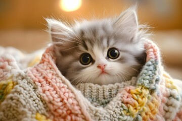 Naklejka premium cute kitten resting on a cozy blanket with fluffy fur and adorable eyes in warm winter vibes