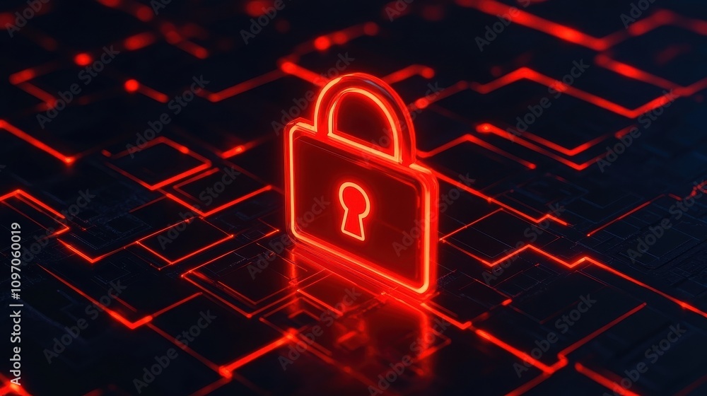 Poster cybersecurity mitigates risks and secures data. digital lock symbol with glowing red light set again