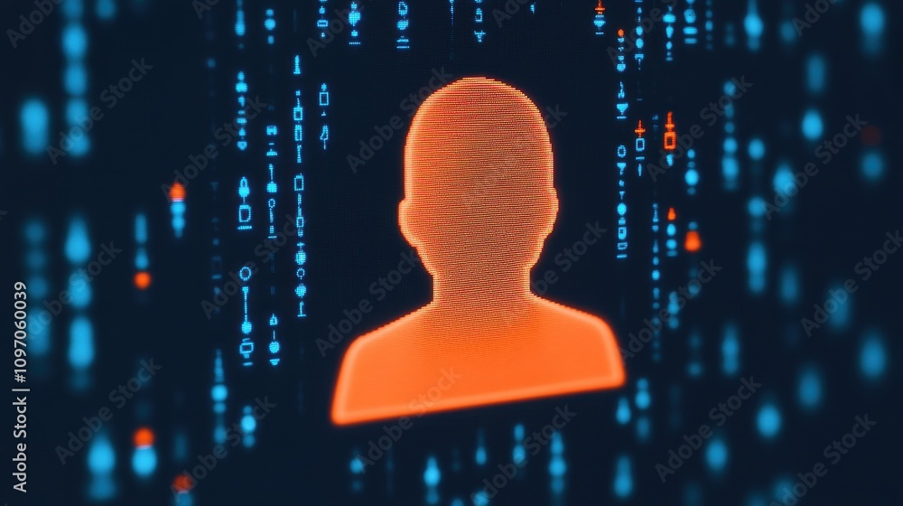 Poster cybersecurity mitigates risks and secures data. futuristic digital silhouette depicting a human figu