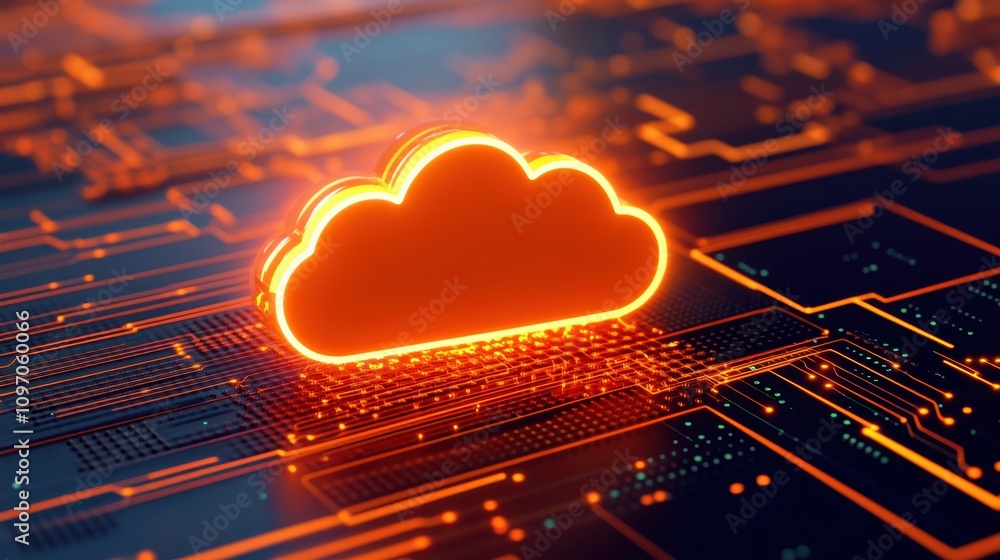 Poster cybersecurity mitigates risks and secures data. bright orange cloud symbol on a circuit board backgr