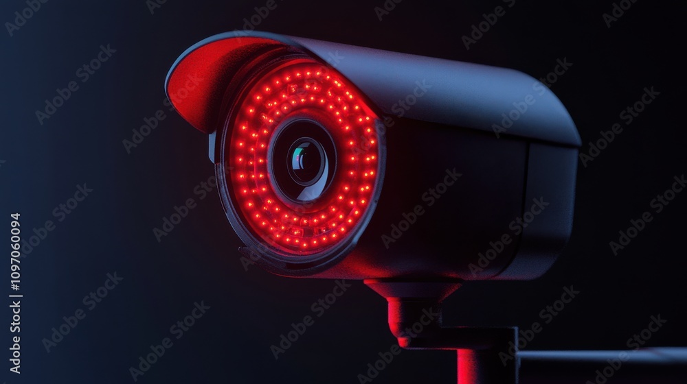 Poster cybersecurity mitigates risks and secures data. futuristic security camera with illuminated red led 