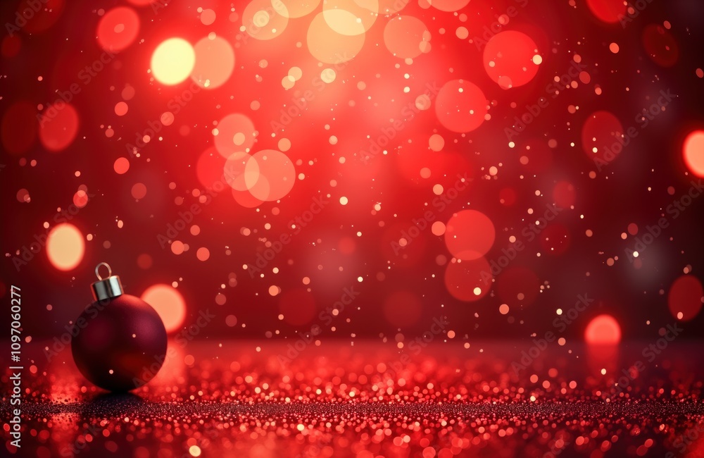 Poster red glitter background. christmas ball sits on red sparkle surface. blurred bokeh lights shine. perf