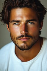 Obraz premium Close-Up Portrait of a Thoughtful Man With Beard and Curly Hair