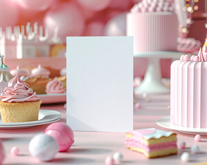 Fairy Tale-Themed Blank Card Mockup with Pink Castle, Cupcakes, and Party Decorations – Perfect for Princess Birthday Invitations and Magical Event Announcements