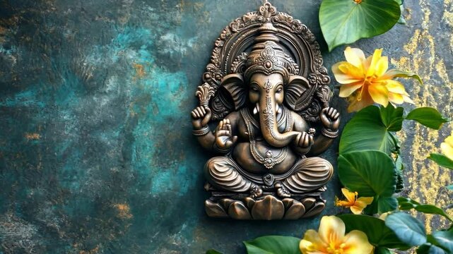 Beautiful Ganesh statue surrounded by tropical flowers against a textured blue background in a serene setting