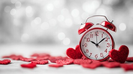 Vintage red alarm clock surrounded by red hearts on a bokeh background, symbolizing love and time.