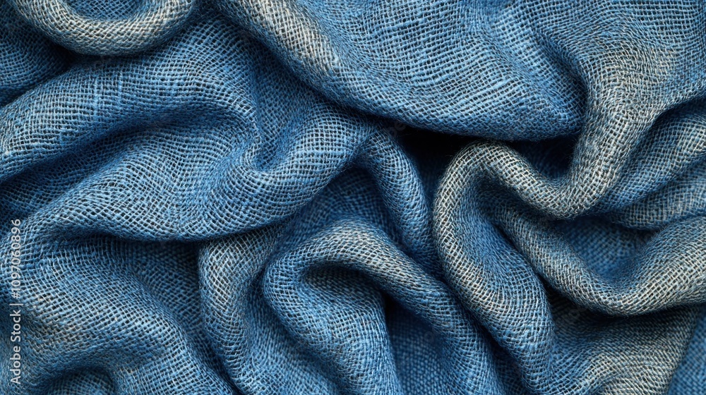 Poster a close-up view of textured blue fabric, showcasing its folds and weave.