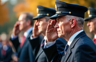 Veterans salute. Military men in uniform give salute. Group of soldiers pay respects. Remembrance Day ceremony. Patriotic tribute. Honor veterans service. Armed forces personnel. Formal military