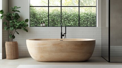 Fototapeta premium Luxury bathrooms with effortless maintenance. Modern Bathtub with elegant freestanding wooden tub