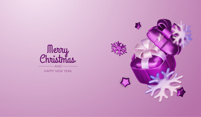 Happy New Year and Merry Christmas. Christmas holiday background with realistic 3d objects, violet and white bauble balls, conical metal stars, gift. Levitation falling design composition.