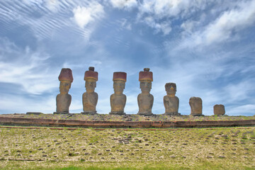 Anakena  coral sand beach in Rapa Nui National Park (Easter Island) wirh  Ahu-Ature single moai and...
