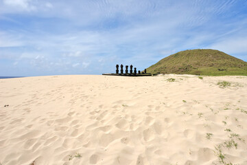 Anakena  coral sand beach in Rapa Nui National Park (Easter Island) wirh  Ahu-Ature single moai and...