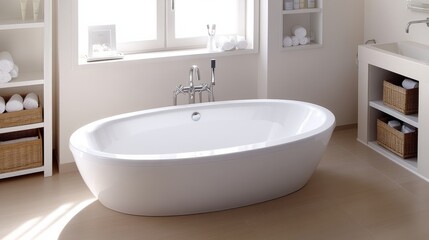 Fototapeta premium Luxury bathrooms with effortless maintenance. Modern Minimalist Bathtub with Natural Light and Relaxing Atmosphere