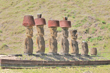 Anakena  coral sand beach in Rapa Nui National Park (Easter Island) wirh  Ahu-Ature single moai and...