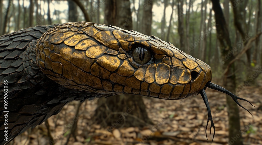 Poster a close-up of a snake's head with a textured, metallic appearance in a forest setting.