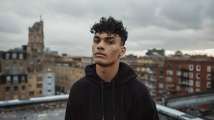 Fototapeta premium Young Man in Black Hoodie on Rooftop, City Background