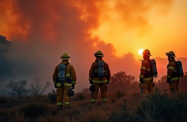 Firefighters stand at sunset after wildfire. Team observes fire aftermath. Brave men in protective gear. Emergency responders assess damage. Wildland fire crew. Sunset fire scene.