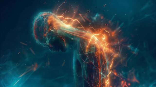 Neuropathic Pain: The Burning Sensation and Hypersensitivity - Imagine a person with highlighted nerves showing dysfunction, experiencing burning sensation and hypersensitivity