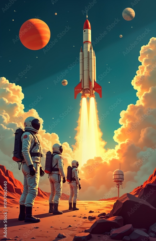 Aufkleber retro astronauts watch rocket launch on mars. spacecraft ascends towards planets. mission to explore