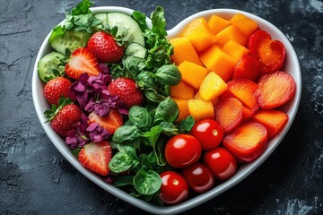 healthy diet food art with a heart-shaped bowl, vibrant fruits and vegetables arranged beautifully, promoting wellness and nutrition awareness