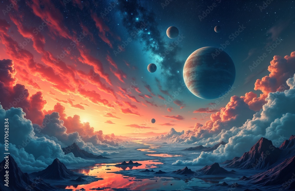 Poster dreamy space landscape. planets float above clouds. sunset colors paint sky. river flows through ali