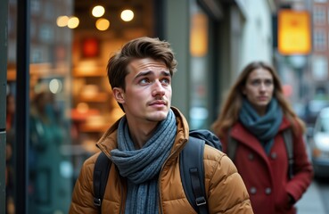 Fototapeta premium Young man tourist with backpack looks around city street. Girlfriend walks nearby. Couple explores urban area. Travel adventure. Winter city break. Casual style. European city tourism.
