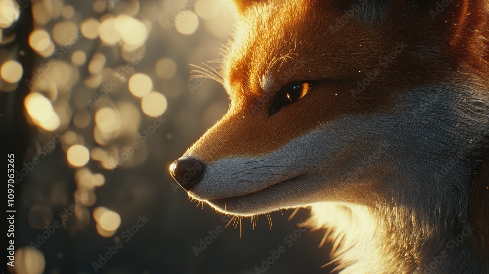 Poster a close-up of a fox's face with a soft focus background of shimmering lights.