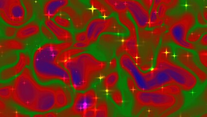 Red green blue Christmas swirling patterns feature multicolored sparkly stars.