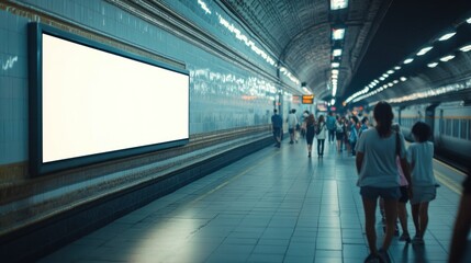 A bustling subway station with a blank advertisement and commuters walking by.