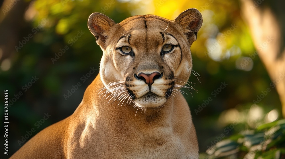 Poster a close-up portrait of a large feline with striking features in a natural setting.