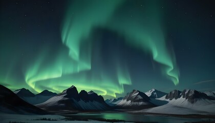 Naklejka premium Una impresionante exhibición de la aurora boreal (aurora boreal) en el cielo nocturno sobre un paisaje montañoso. Los vibrantes tonos verdes y azules de la aurora danzan en el cielo oscuro, creando un