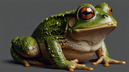 Obraz premium Close-up of a green frog with orange eyes on a gray background.
