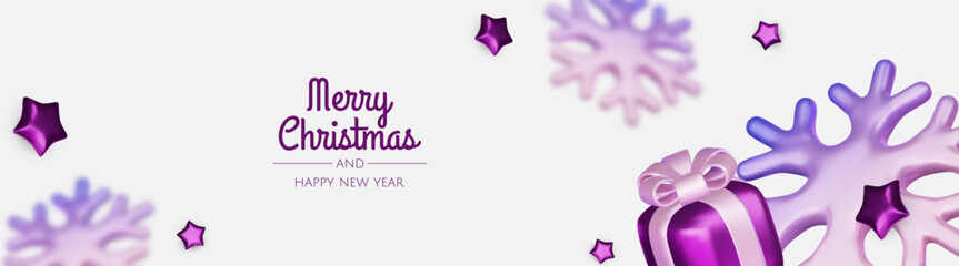 Happy New Year and Merry Christmas. Christmas holiday background with realistic 3d objects, violet and white bauble balls, conical metal stars, gift. Levitation falling design composition.