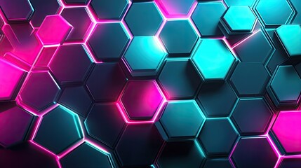 Abstract neon lights in glowing geometric shapes forming a honeycomb grid, with vibrant cyan and pink tones
