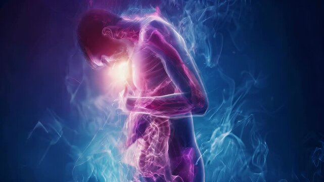 Pancreatitis: The Abdominal Pain and Nausea of Pancreas Inflammation - Visualize a scene where abdominal pain is severe and accompanied by nausea, indicating pancreatitis, inflammation