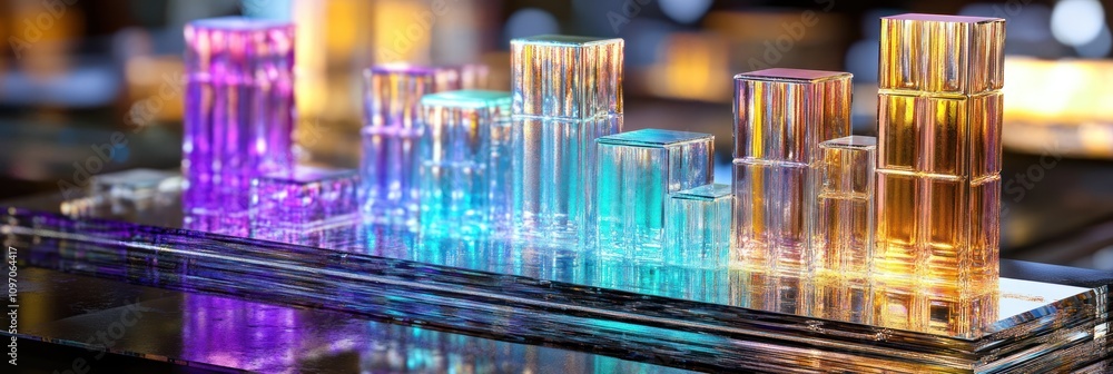 Fototapete a colorful arrangement of transparent blocks resembling a sound wave or data visualization.