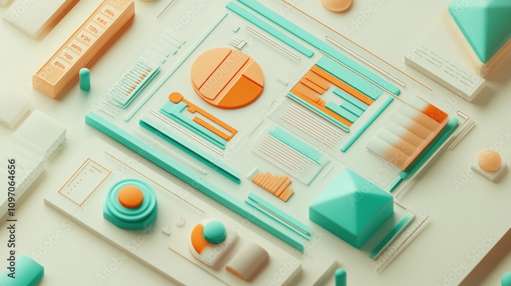 Aufkleber Abstract 3D design featuring geometric shapes and data visualization elements.