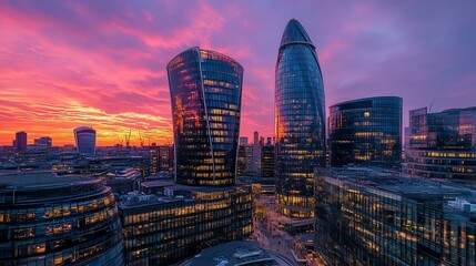Fototapeta premium Vibrant sunset over illuminated city skyscrapers.
