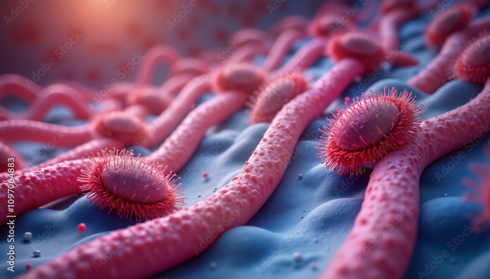 Poster Microscopic view of tightly packed endothelial cells. Molecules transport controlled. Brain barrier research. Medical science image. Drug delivery system. Biochemistry study. Microbiology lab. Human
