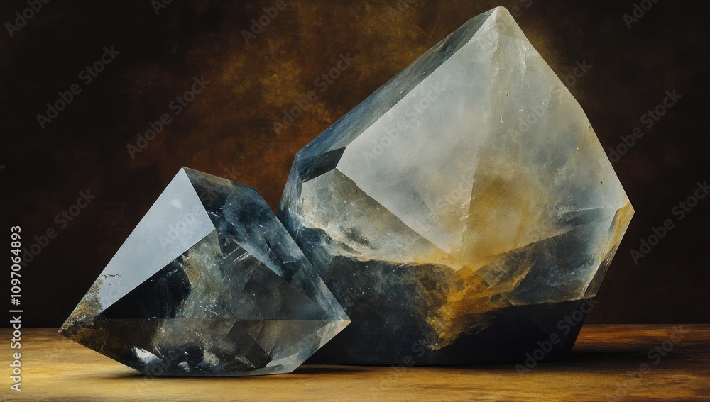 Poster two large, faceted crystals with a smoky appearance against a dark background.