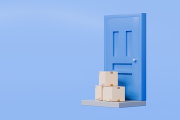 3D To Your Door Delivery icon. Minimal Courier delivery package in front blue door. Online Shopping Concept. Fast Delivery, logistic Concept. 3d Deliveries of online orders outside the door. 3d render