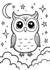 Fototapeta premium Kawaii Owl in the Night Sky Coloring Page