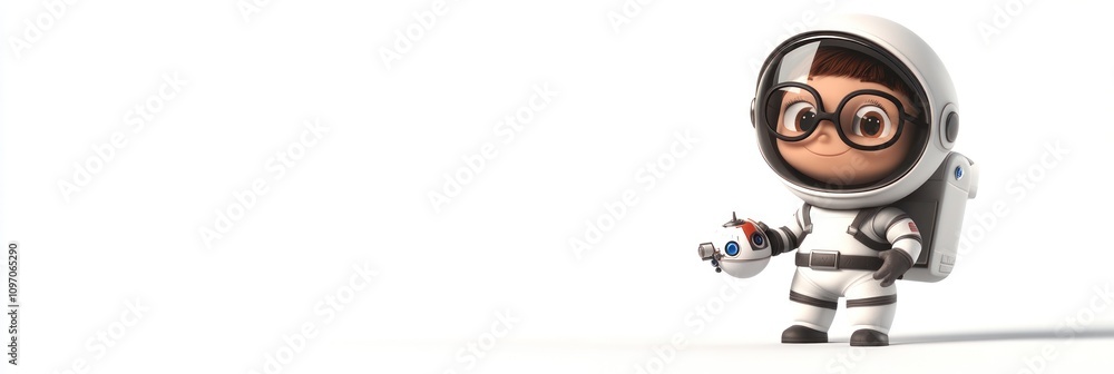 Poster a cartoon child in a spacesuit holding a small planet model, symbolizing exploration and curiosity.