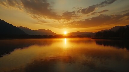 Obraz premium Golden sunrise over calm lake reflecting mountains.