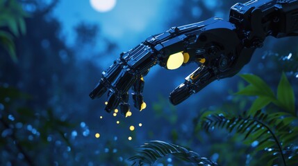 Naklejka premium Robotic hand in a mystical forest