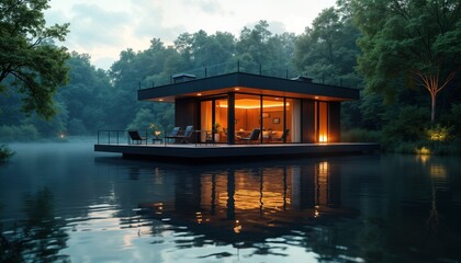 Obraz premium Modern floating house on tranquil lake. Rich plants surrounds eco home. Glowing windows reflect water. Sustainable tiny house design. Family enjoys lake view. Compact modular home. Portable eco