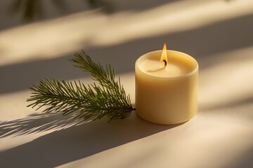 candle with warm glow and pine branch, creating cozy atmosphere and holiday decor for winter evenings