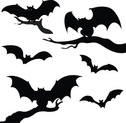 Fototapeta premium set of bat silhouettes, bat silhouette design as halloween illustration, creepy vector dark illustration for halloween